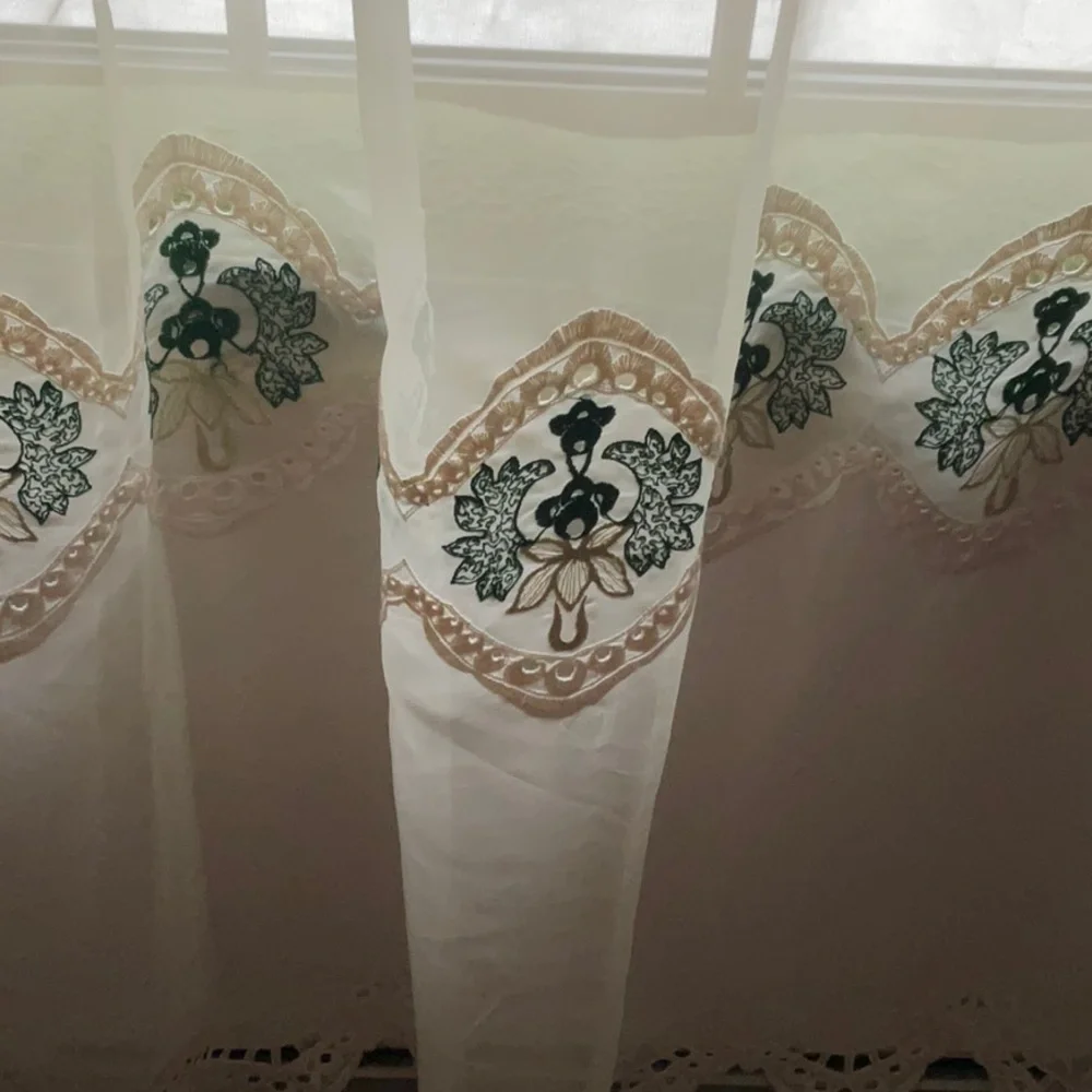 Vintage Elegant Cream and Green Lace Embroidered Curtain